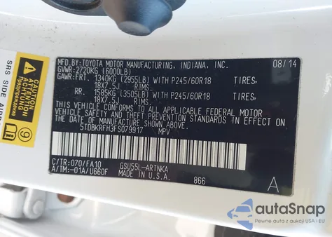 2015 Toyota Highlander Le Plus V6 from USA, damaged, VIN 5TDBKRFH3FS079917